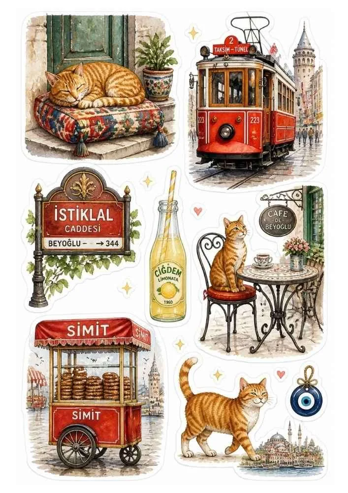 Sticker set with cats, tram, simit cart, lemonade, café, and street sign.