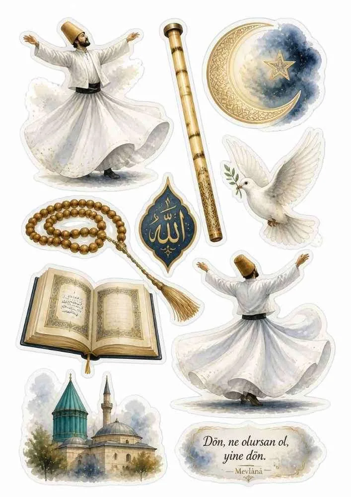 Sticker set with whirling dervish, prayer beads, flute, dove, mosque, and crescent moon.