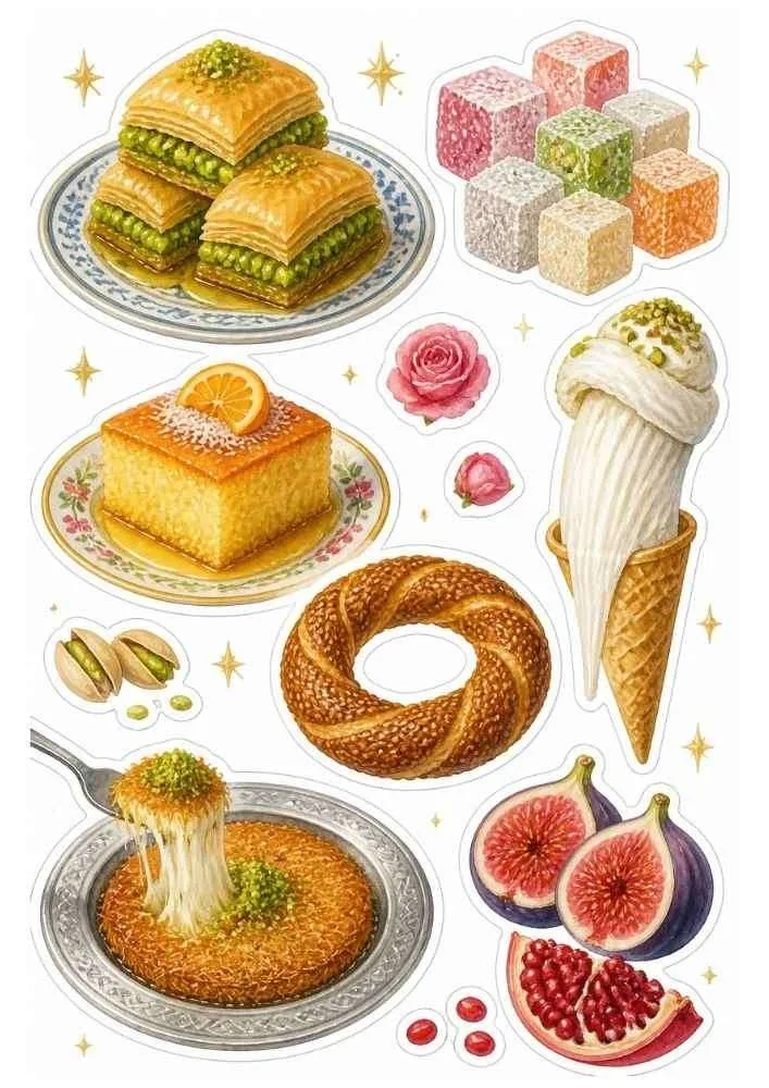 Sticker set with baklava, Turkish delight, ice cream, simit, kunafa, figs, and fruit.