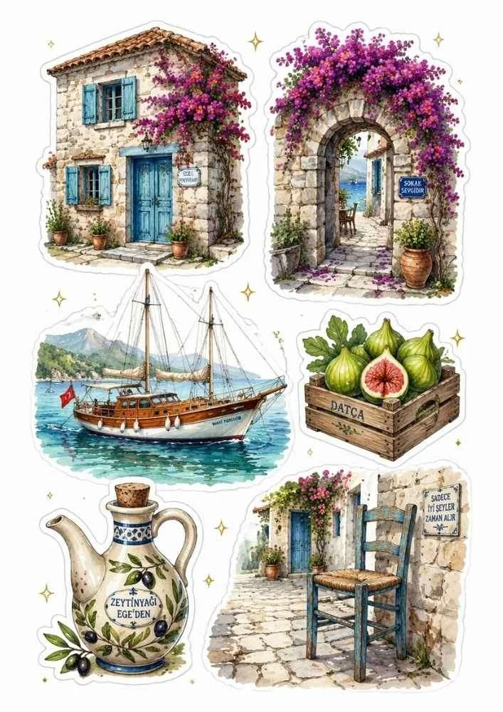 Sticker set with stone house, flower arch, sailboat, olive oil, figs, and village street.