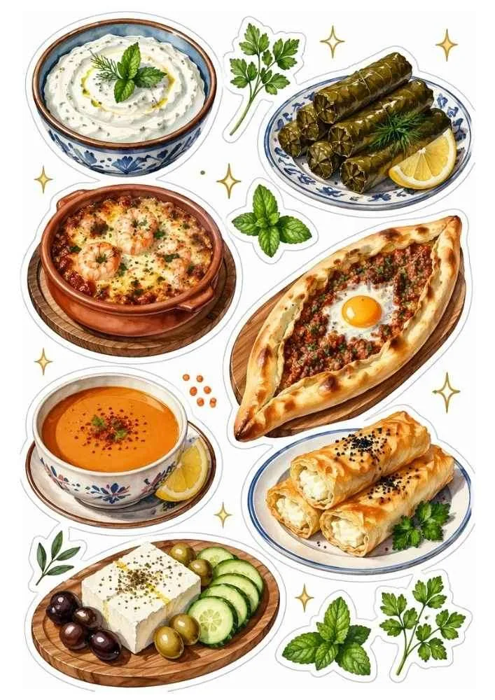 Sticker set with pide, soup, stuffed leaves, pastries, cheese, and baked dish.