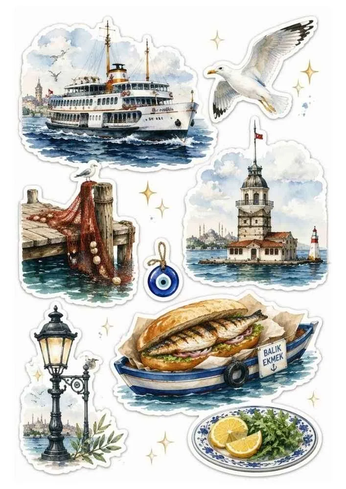 Sticker set with ferry, seagull, Maiden's Tower, fishing pier, fish sandwich, and lamp.