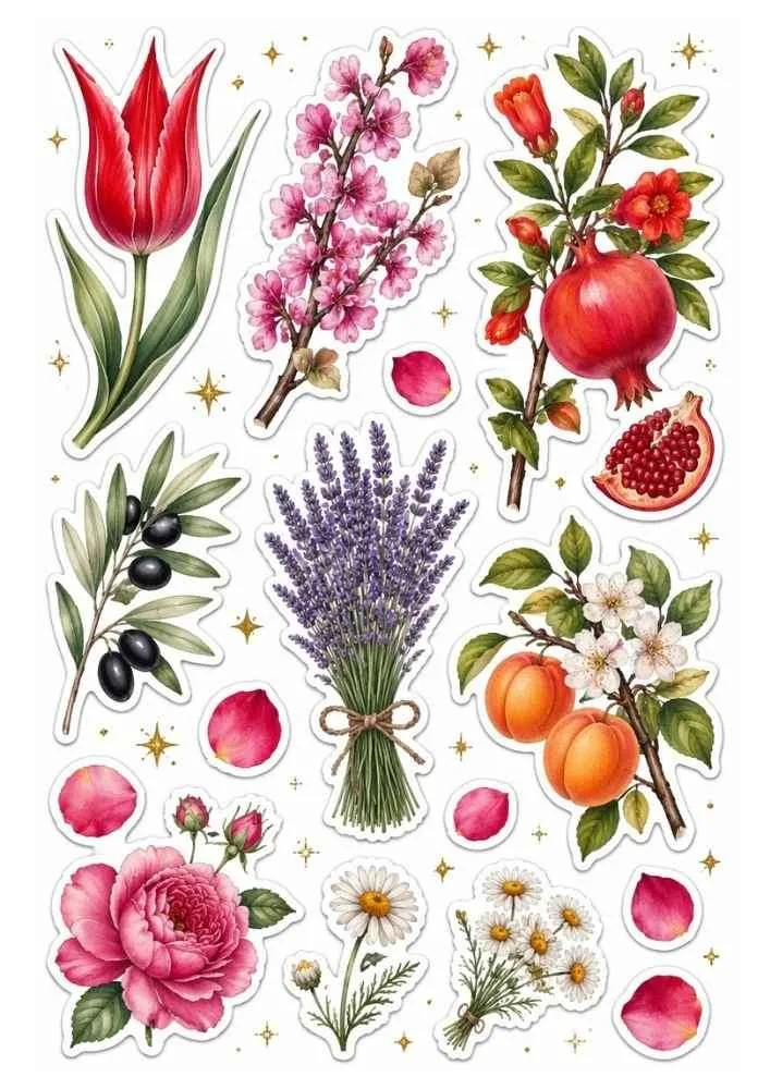Sticker set with tulip, lavender, roses, olives, apricots, and pomegranate.