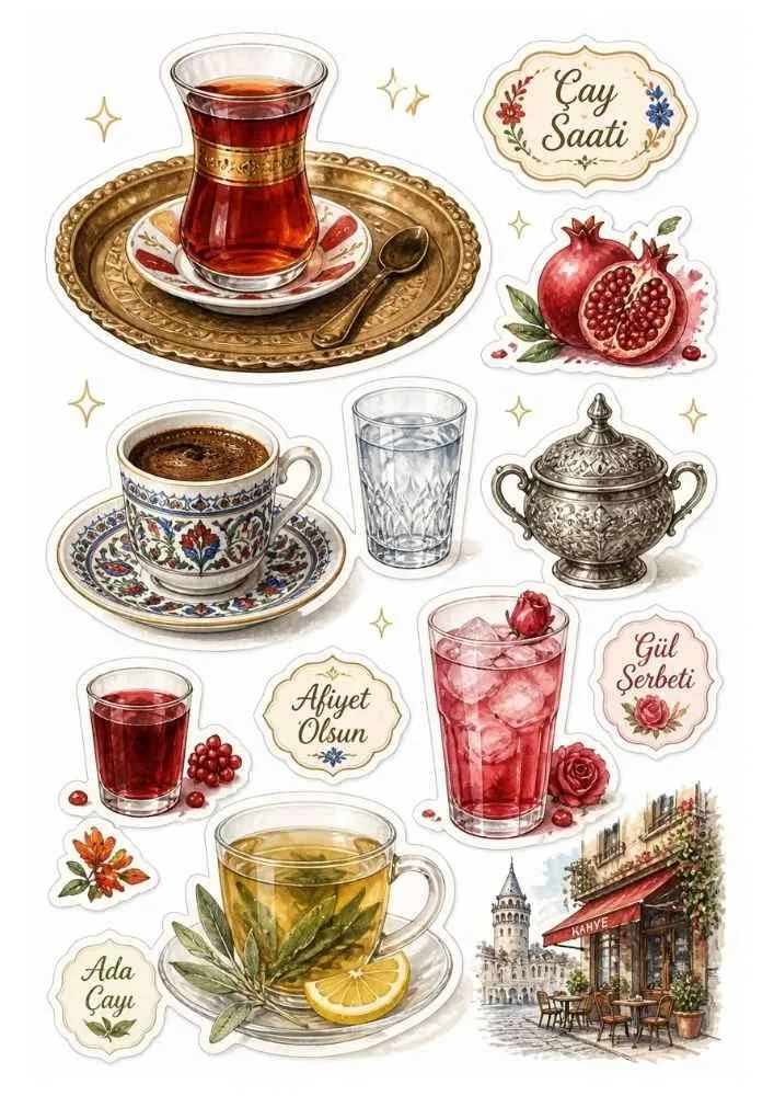 Sticker set with Turkish tea, coffee, sherbet, café, pomegranate, and serving tray.