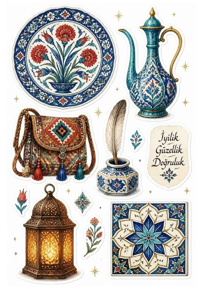 Sticker set with ceramic plate, lantern, tile, bag, pottery, and calligraphy.
