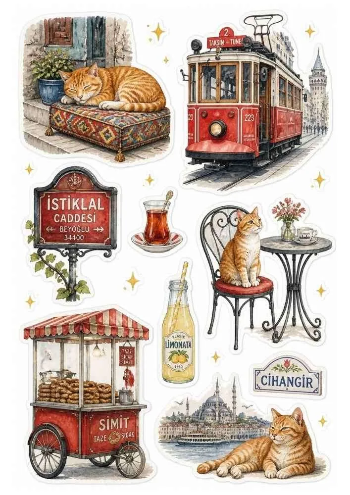 Sticker set with cats, tram, simit cart, tea glass, lemonade, and street signs.