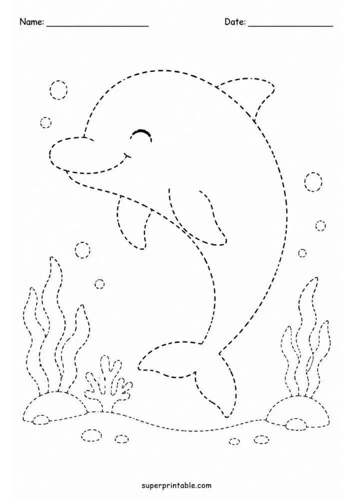 Dashed tracing worksheet with a smiling dolphin, bubbles, seaweed, and name and date lines.