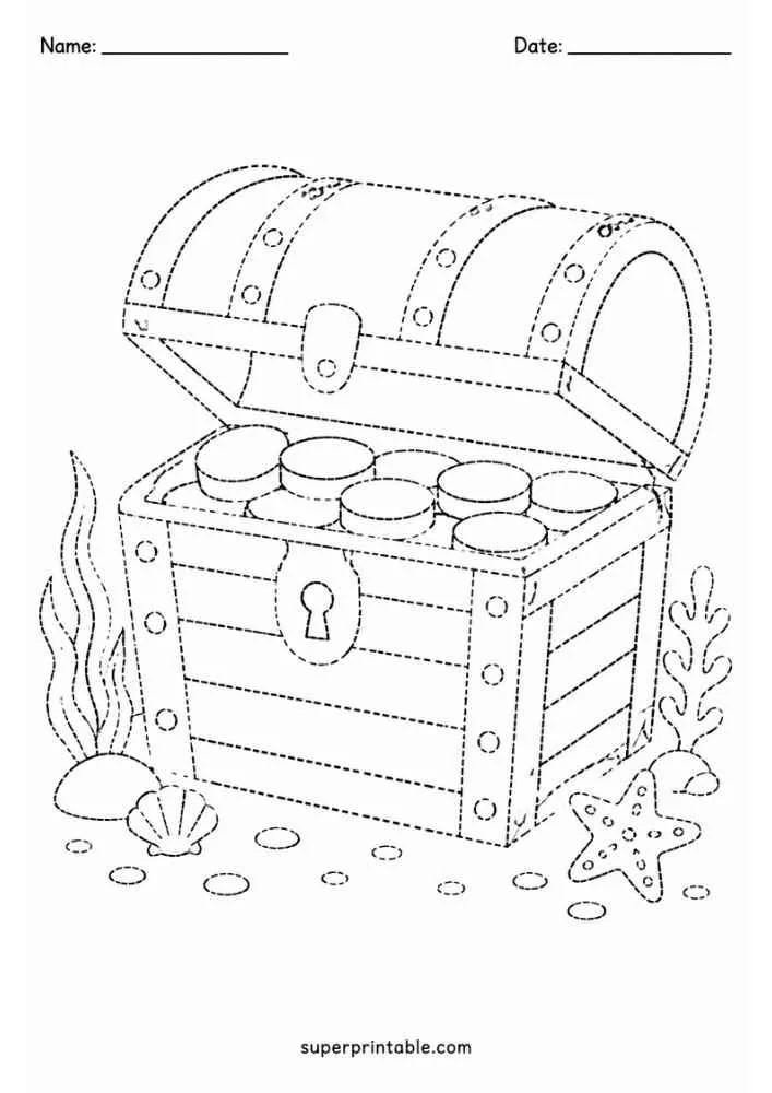 Dashed tracing worksheet with an open treasure chest and sea plants.