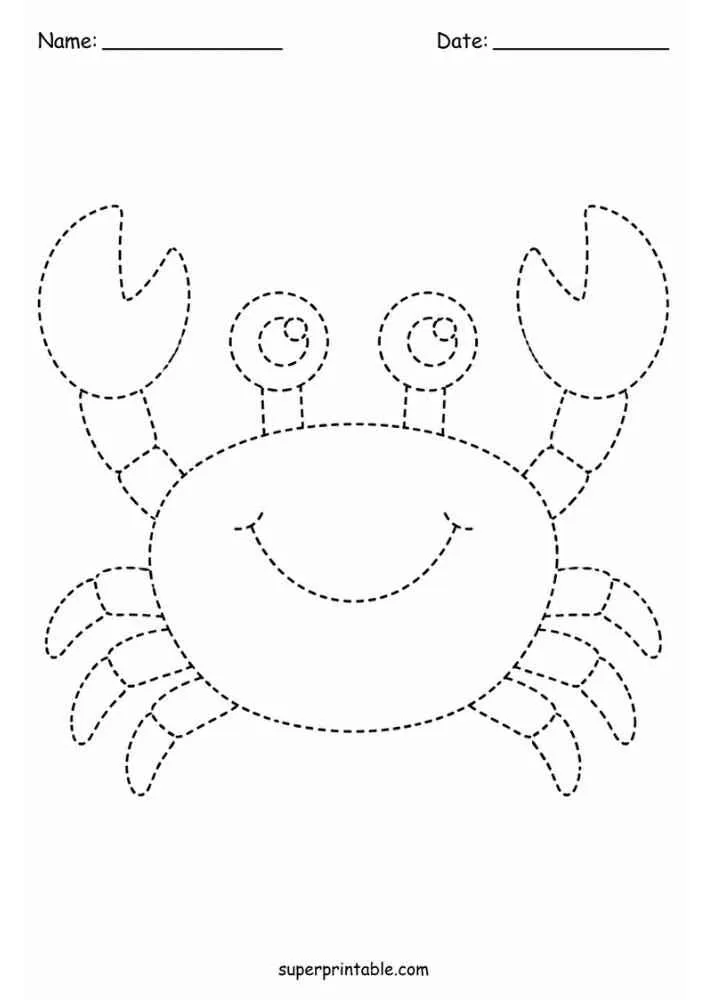 Dashed tracing worksheet with a smiling crab.