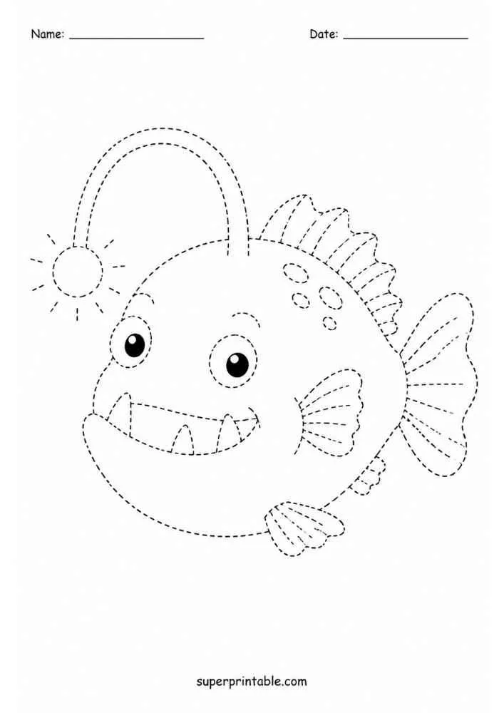 Dashed tracing worksheet with a smiling angler fish.
