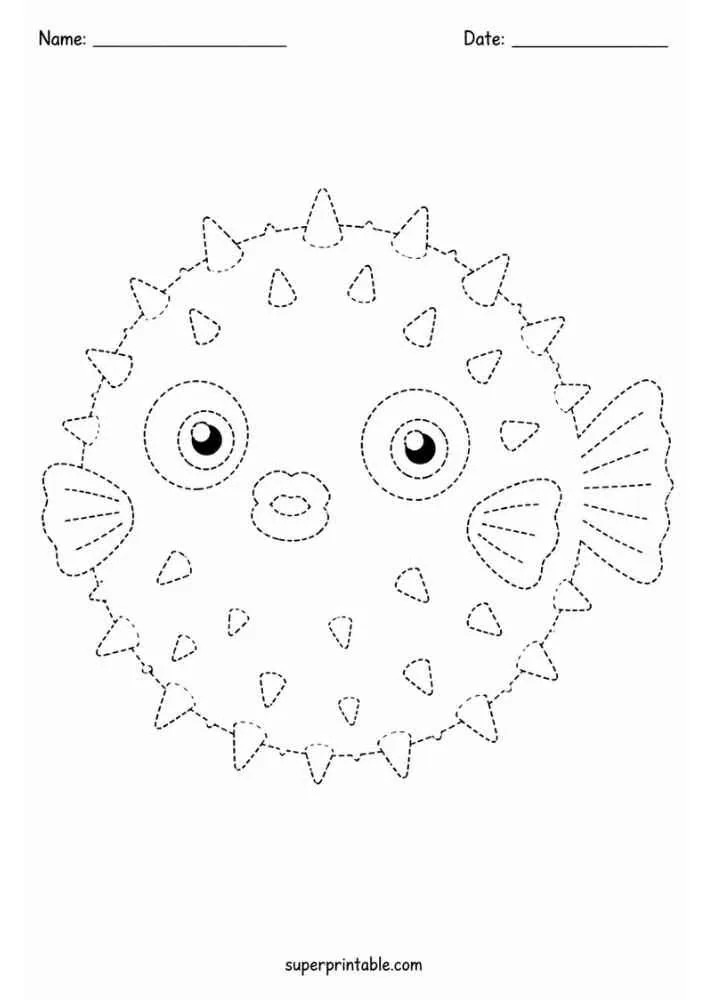 Dashed tracing worksheet with a cute puffer fish.
