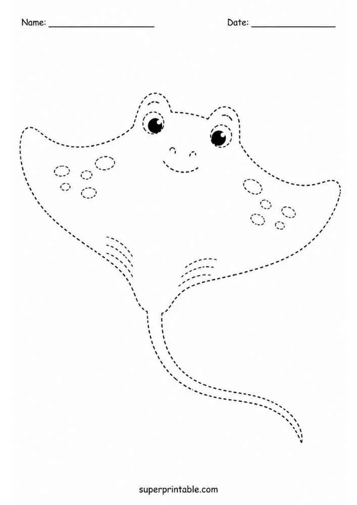 Dashed tracing worksheet with a smiling stingray.