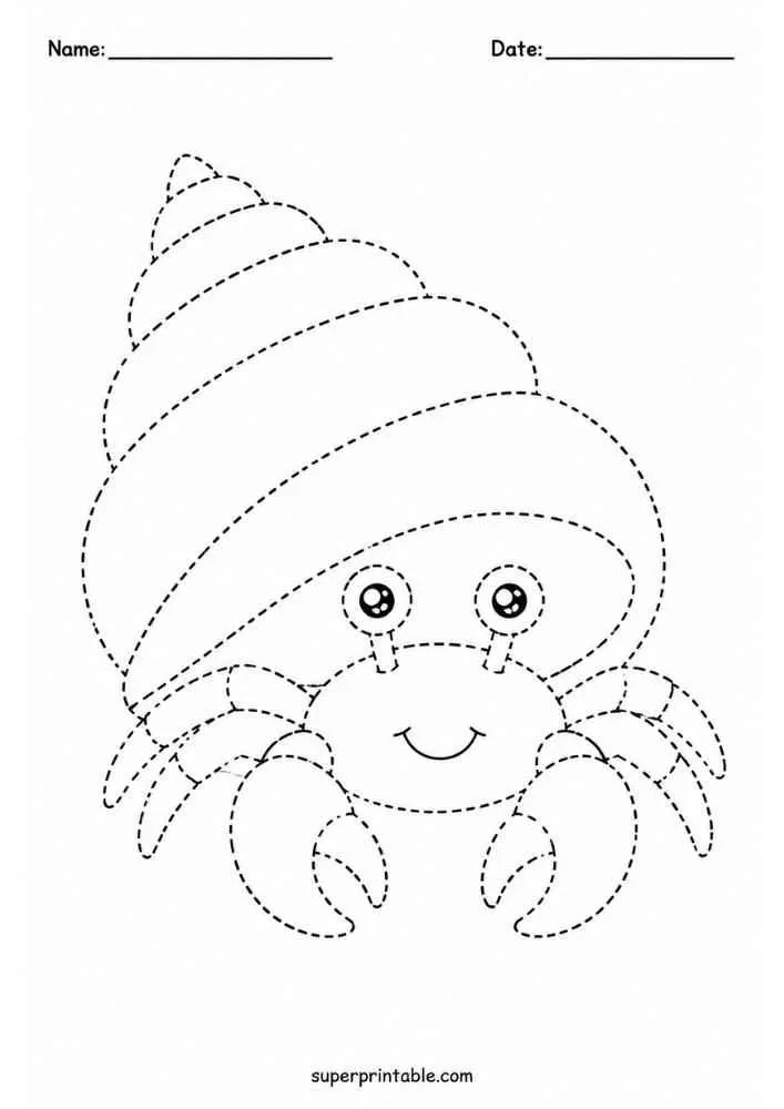 Dashed tracing worksheet with a smiling hermit crab in a shell.