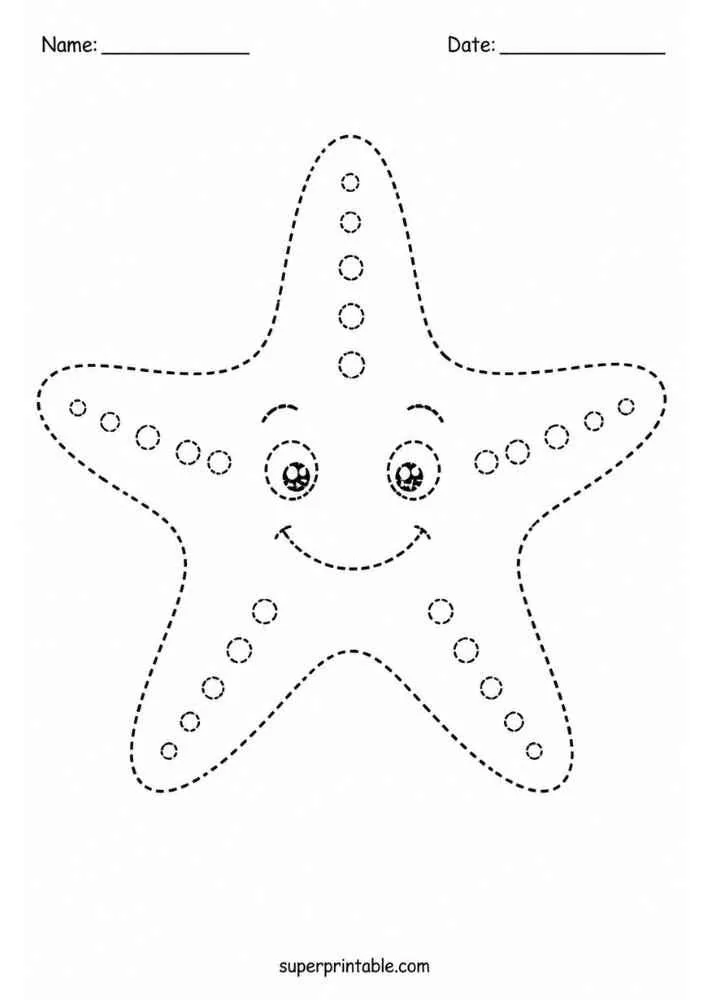 Dashed tracing worksheet with a smiling starfish and dotted decorations.