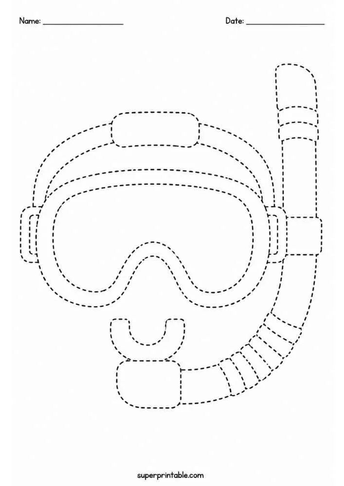 Dashed tracing worksheet with a snorkel mask and snorkel tube.