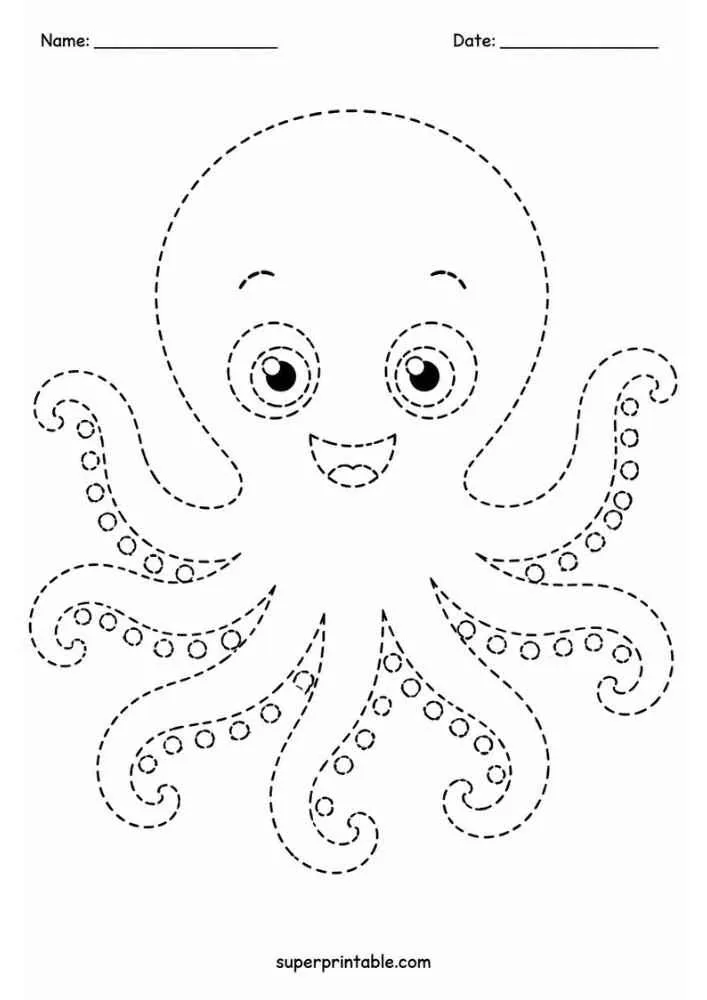 Dashed tracing worksheet with a smiling octopus and curly tentacles.