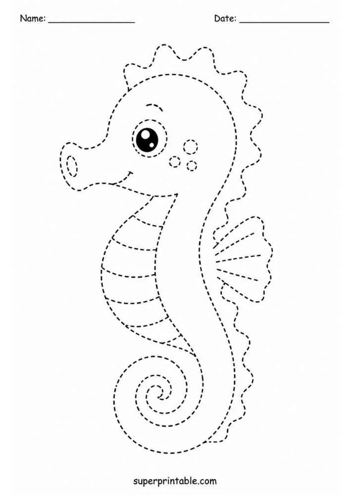 Dashed tracing worksheet with a smiling seahorse.