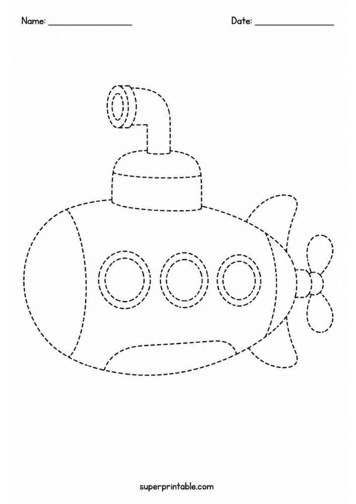 Dashed tracing worksheet with a cartoon submarine.