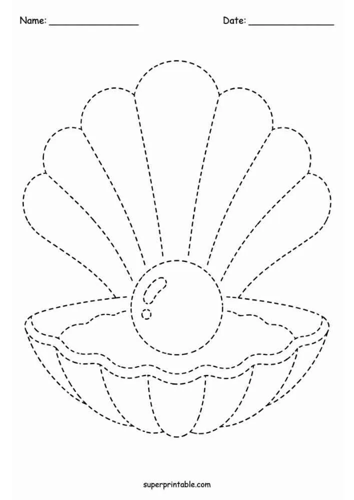 Dashed tracing worksheet with an open seashell and pearl.