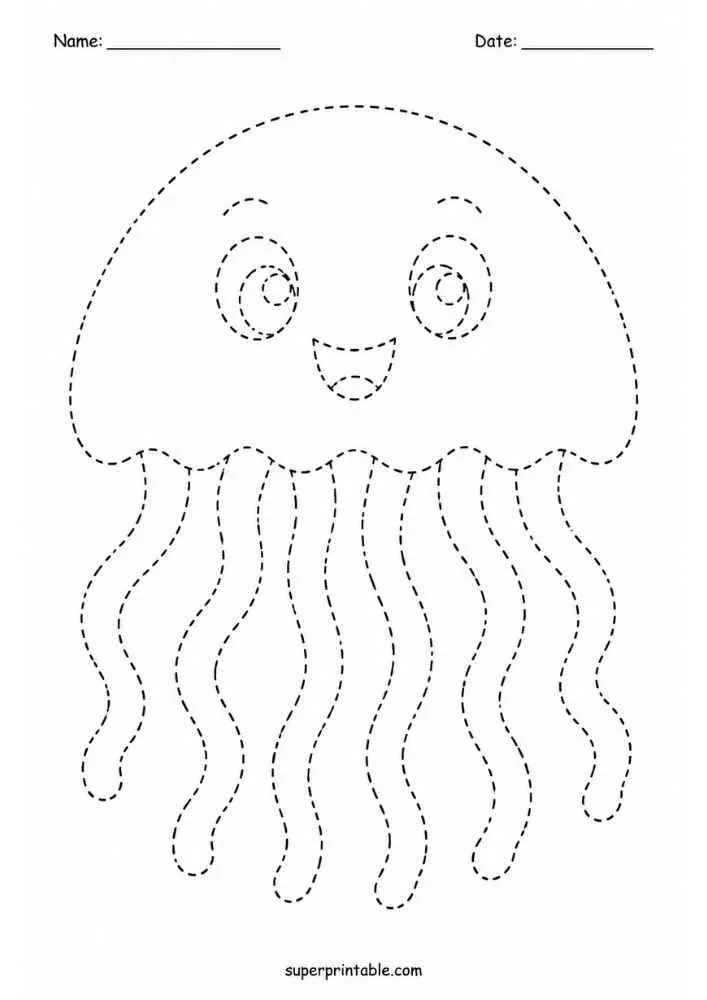 Dashed tracing worksheet with a smiling jellyfish.