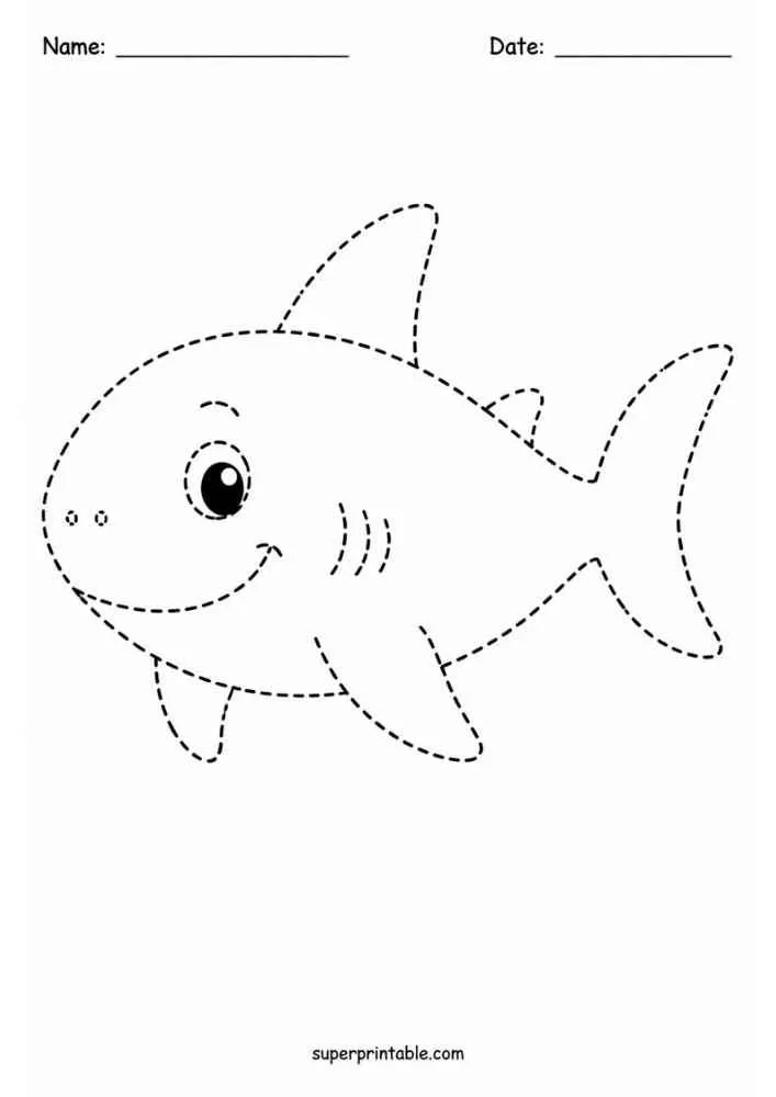 Dashed tracing worksheet with a smiling shark.