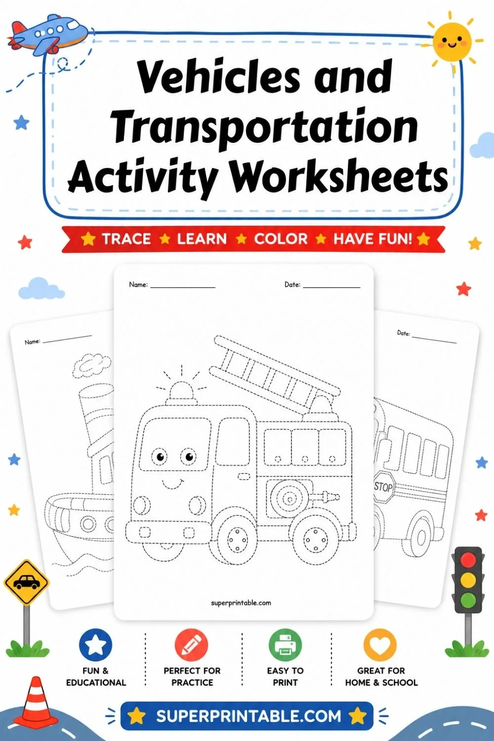 Vehicles and Transportation Activity Worksheets Pinterest Image