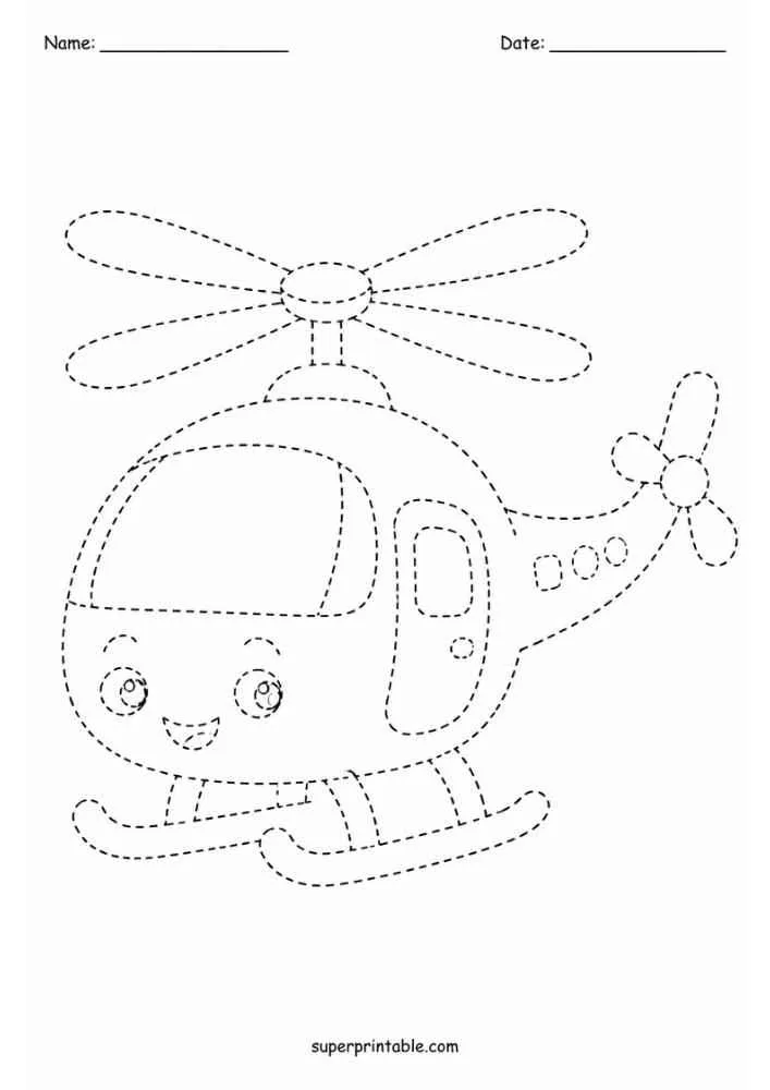 Dashed tracing worksheet with a smiling helicopter, Name and Date lines, and website text.