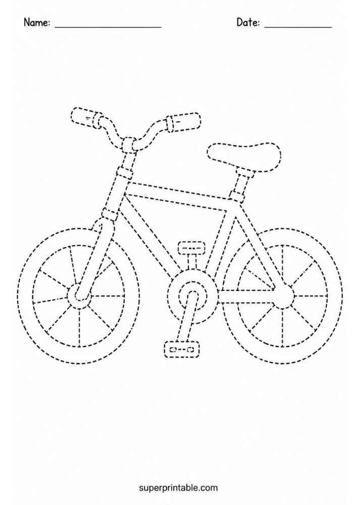Dashed tracing worksheet with a bicycle, Name and Date lines, and website text.