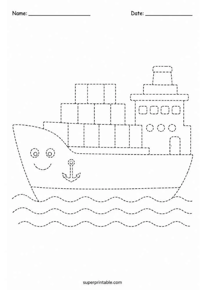 Dashed tracing worksheet with a smiling cargo ship on waves, Name and Date lines, and website text.