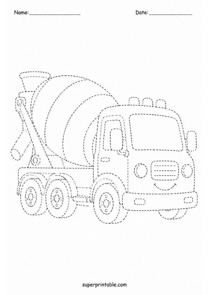 Dashed tracing worksheet with a smiling cement mixer truck, Name and Date lines, and website text.