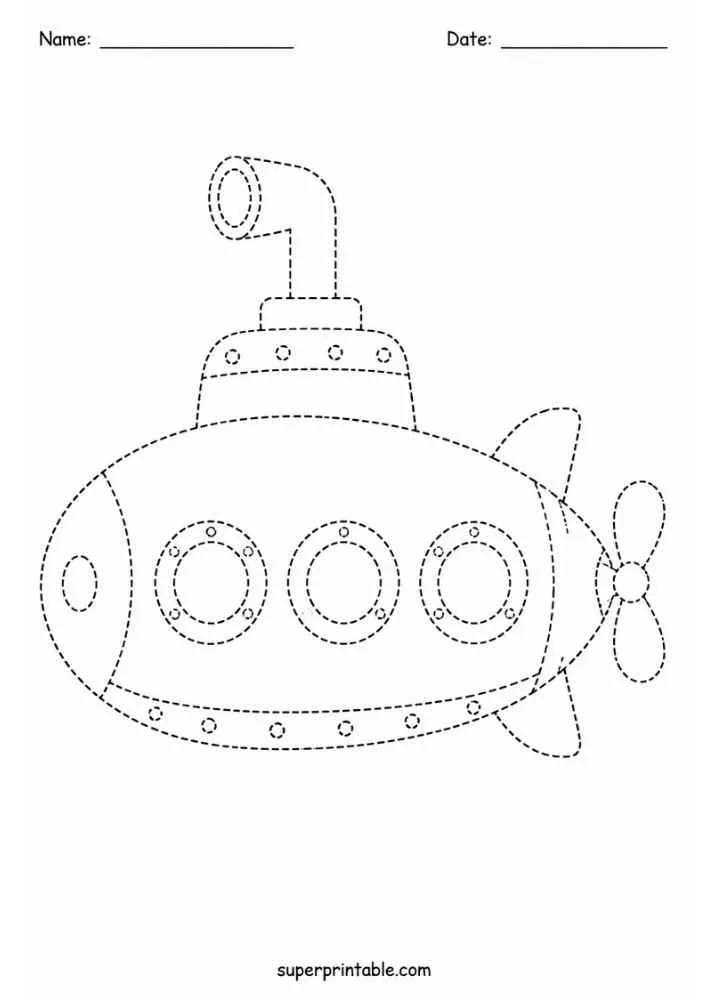 Dashed tracing worksheet with a submarine, Name and Date lines, and website text.