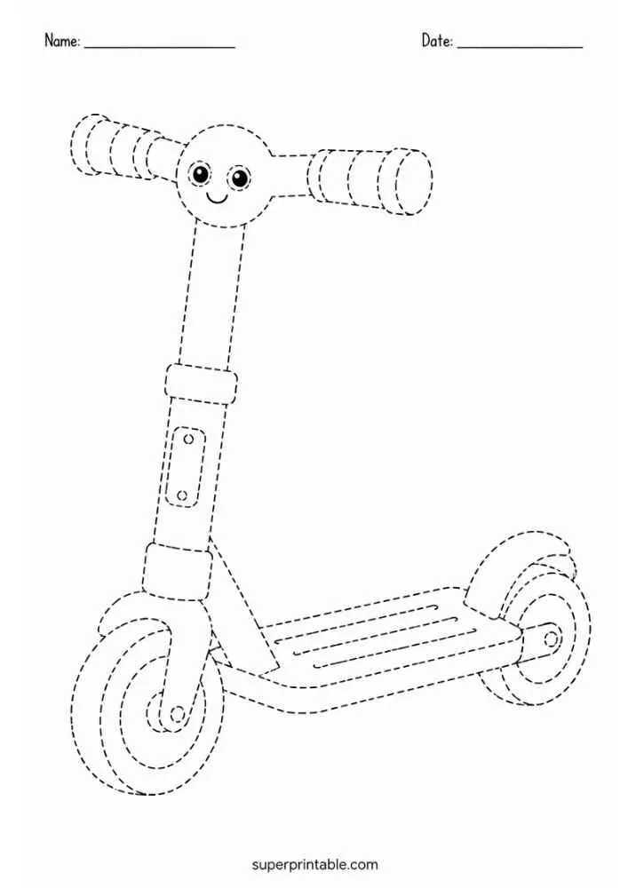 Dashed tracing worksheet with a smiling scooter, Name and Date lines, and website text.