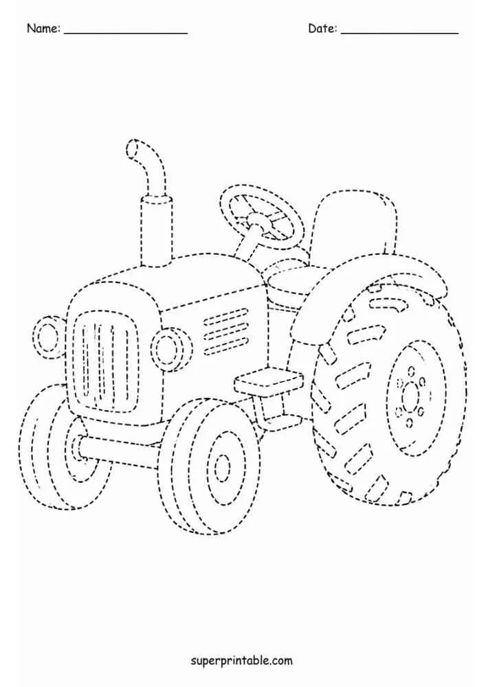 Dashed tracing worksheet with a farm tractor, Name and Date lines, and website text.