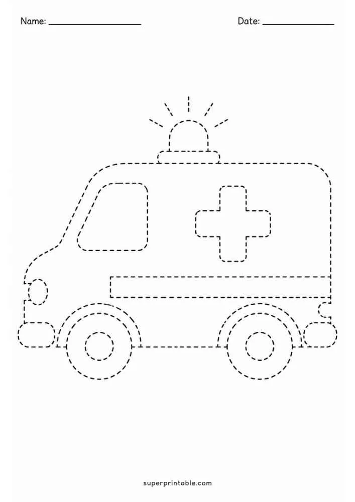Dashed tracing worksheet with an ambulance, Name and Date lines, and website text.