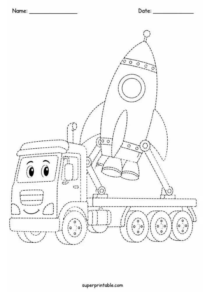 Dashed tracing worksheet with a truck carrying a rocket, Name and Date lines, and website text.