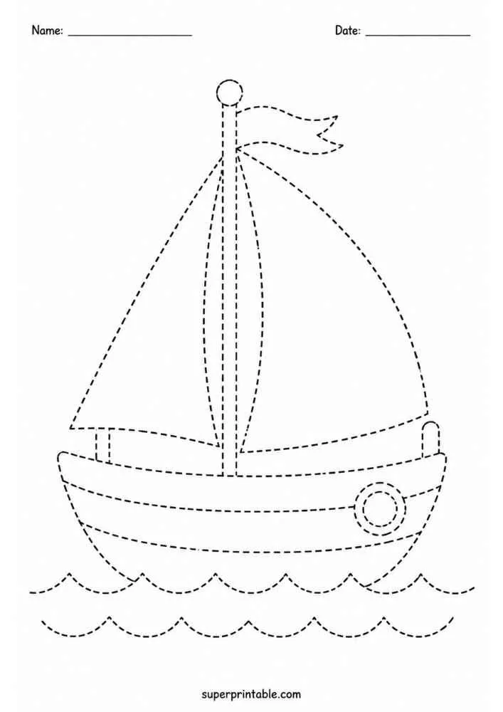 Dashed tracing worksheet with a sailboat on waves, Name and Date lines, and website text.