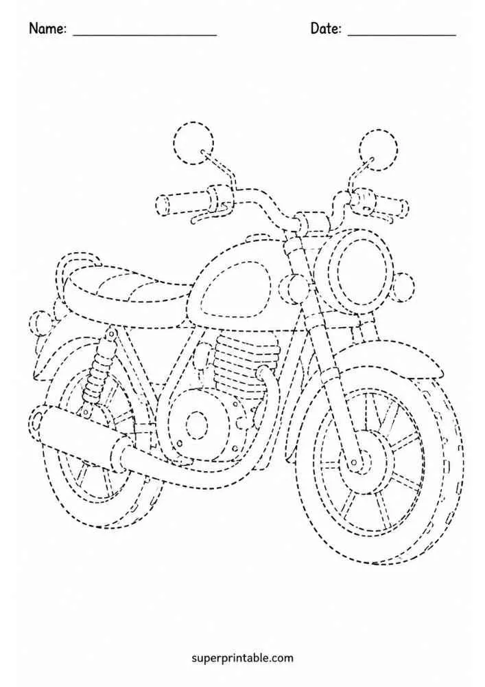 Dashed tracing worksheet with a motorcycle, Name and Date lines, and website text.
