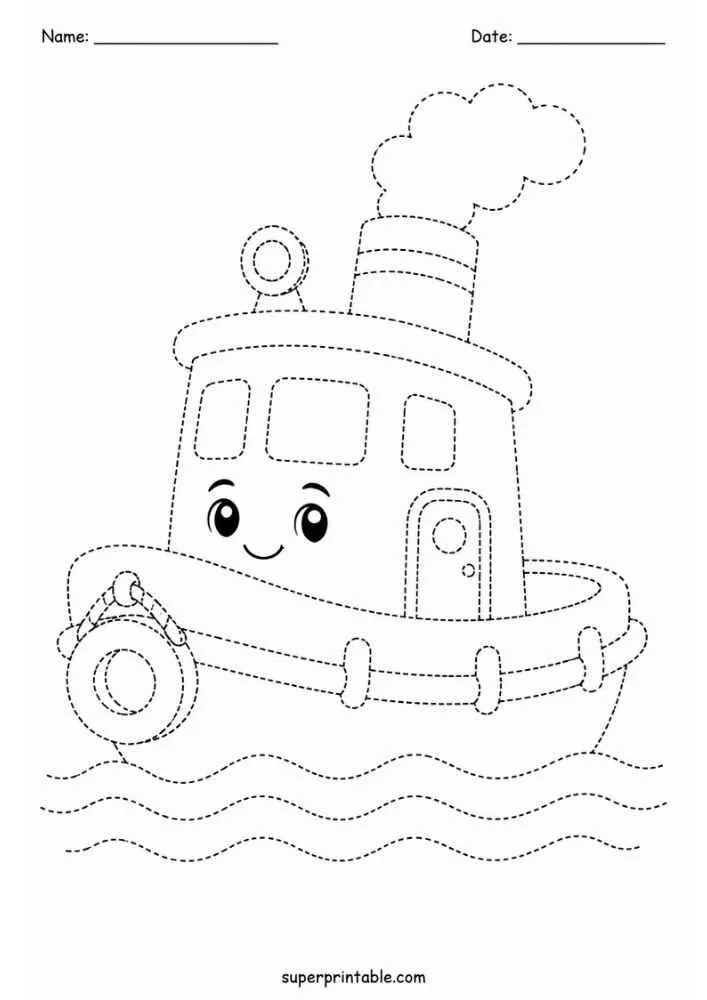 Dashed tracing worksheet with a smiling tugboat on waves, Name and Date lines, and website text.