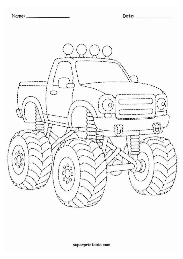 Dashed tracing worksheet with a monster truck, Name and Date lines, and website text.