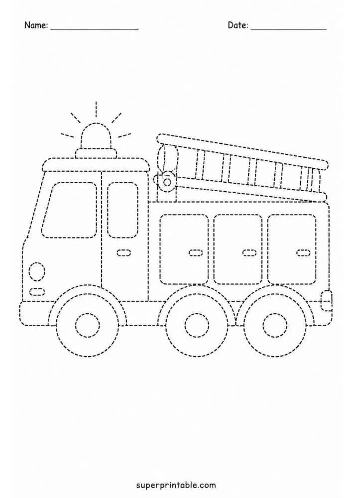 Dashed tracing worksheet with a fire truck, ladder, Name and Date lines, and website text.