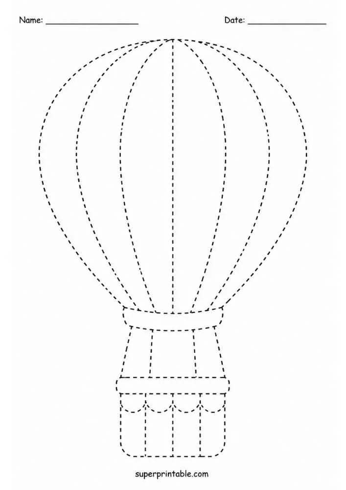Dashed tracing worksheet with a hot air balloon, Name and Date lines, and website text.
