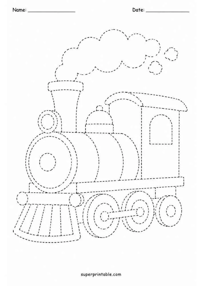 Dashed tracing worksheet with a steam train and smoke, Name and Date lines, and website text.