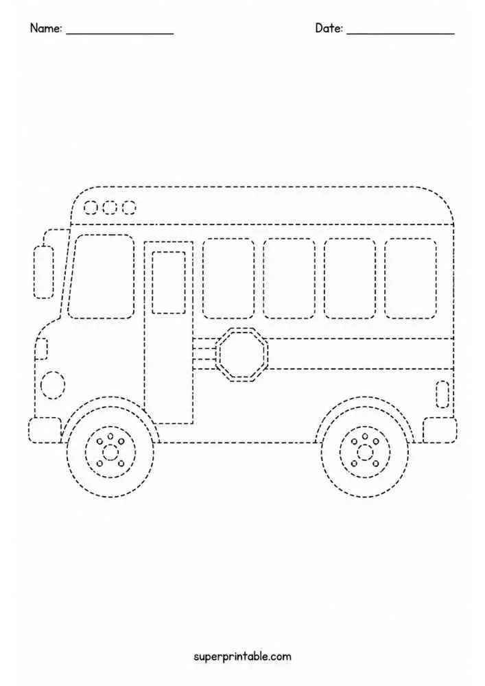 Dashed tracing worksheet with a school bus, Name and Date lines, and website text.