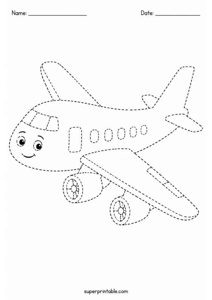 Dashed tracing worksheet with a smiling airplane, Name and Date lines, and website text.