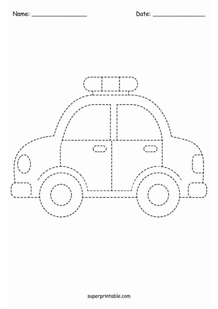 Dashed tracing worksheet with a small car, Name and Date lines, and website text.