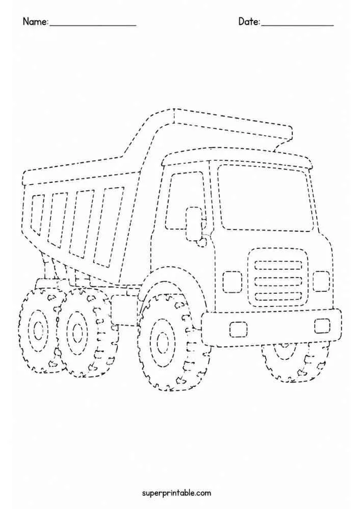Dashed tracing worksheet with a dump truck, Name and Date lines, and website text.