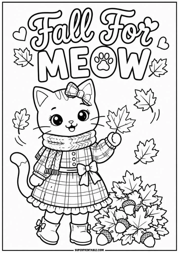 A kitten in a scarf and dress holds a leaf with acorns and the words "Fall For Meow."