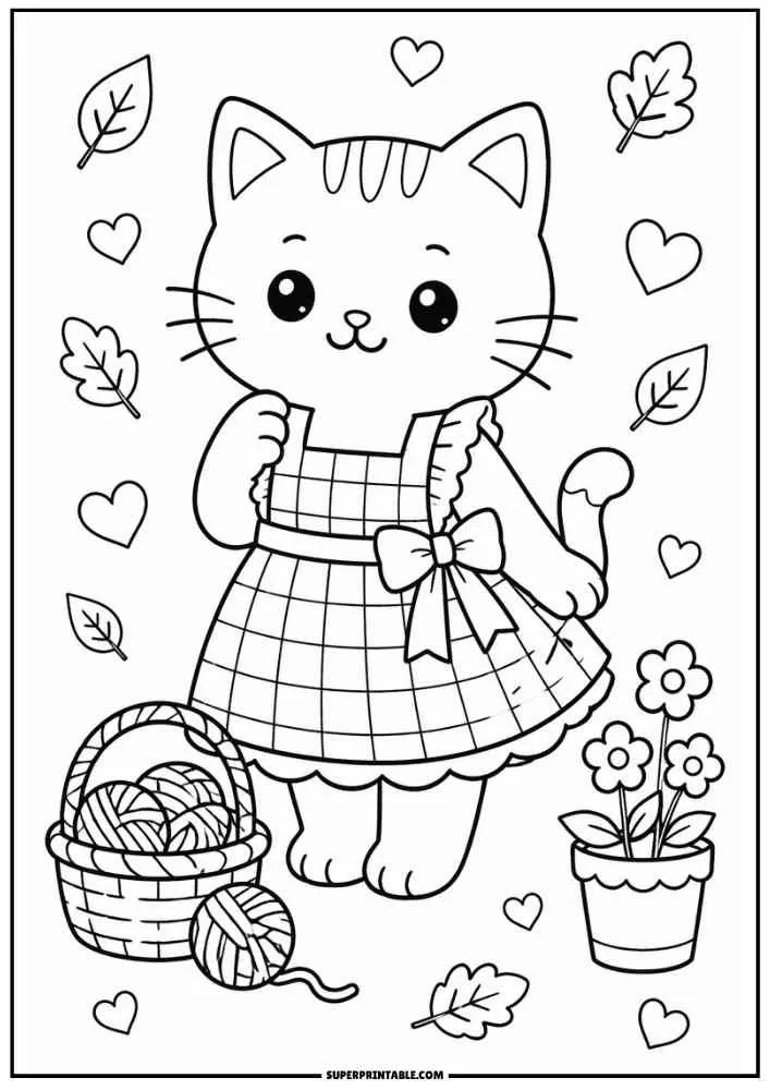 A kitten beside a yarn basket with flowers, leaves, and hearts.