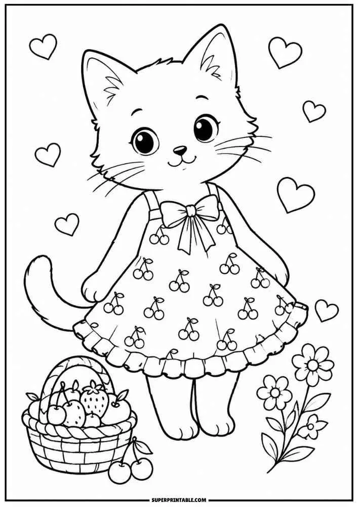 A kitten in a cherry dress beside a fruit basket with flowers and hearts.