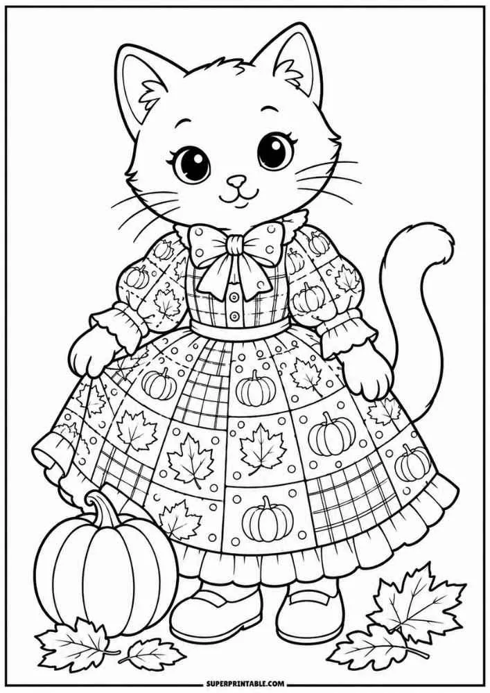 A kitten in a pumpkin dress with a large pumpkin and autumn leaves.